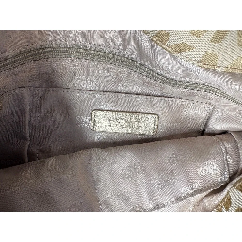 Michael Kors Double Strap Jet Set Monogram Tan Chain Tote Handbag - Picture 6 of 15